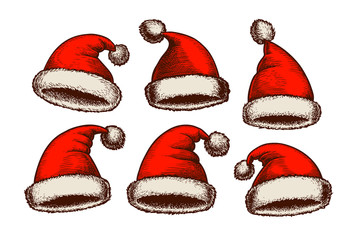 Santa Claus hat, vintage. Christmas sketch. Vector illustration