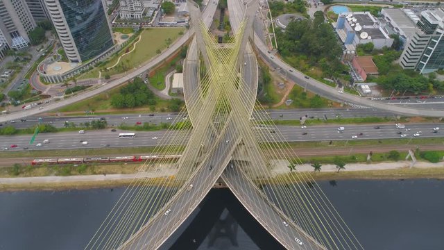 Aerial view of Octavio Frias de Oliveira Bridge, a landmark in Sao Paulo, the biggest city in Brazil