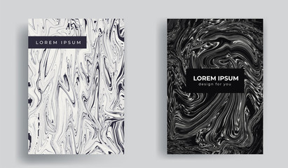 Cover design template set with abstract black and white fluid backgrounds