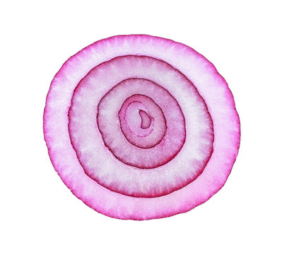 Violet onion slice on a white background, top view.