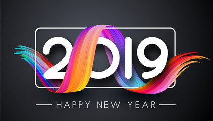 Happy New Year 2019 festive poster with gradient brush stroke on grey background.