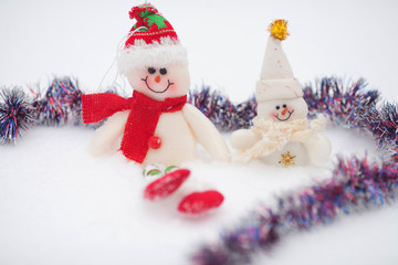 SNOWMEN SERIES - two smiling snowmen friends in the snow.