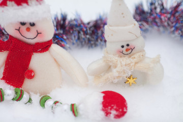 SNOWMEN SERIES - two smiling snowmen friends in the snow.