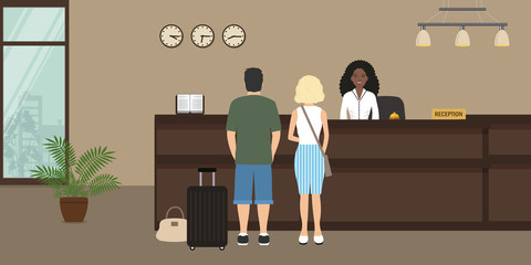 Hotel reception. Young woman receptionist stands at reception desk. There are also visitors here. Travel, hospitality, hotel booking concept. Vector illustration
