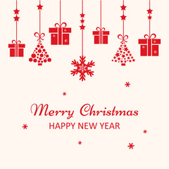 Fototapeta na wymiar Christmas greeting card. Red Christmas toys hanging. Vector illustration