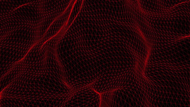 red abstract shape from a three-dimensional grid is slowly deforming on a black background. 3d rendering