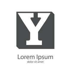 Logotipo letra Y espacio negativo en fondo cuadrado tridimensional gris
