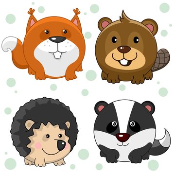Set of beautiful round animal icons for kids and design. Round wild animals are squirrel, beaver, hedgehog and badger.