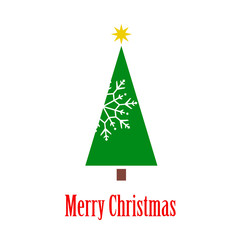 Logotipo con texto Merry Christmas con árbol abstracto con copo de nieve lateral