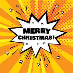 Fototapeta premium White comic bubble with MERRY CHRISTMAS word on orange background. Comic sound effects in pop art style. Vector illustration.