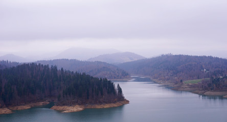 Mountain landscape with big lake and pine forest