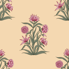 Woodblock printed seamless ethnic floral all over pattern. Traditional oriental motif of India Mogul with bouquets of pink carnations on ecru background. Textile design. - obrazy, fototapety, plakaty