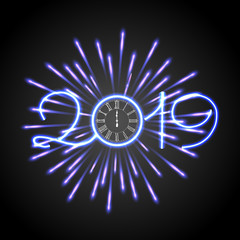 Beautiful New Year 2019 greeting card with purple glittering fireworks and a clock.