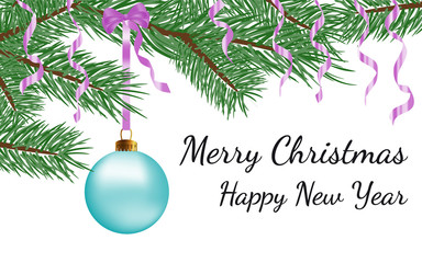Merry Christmas happy new year, greeting card design with Vector realistic blue glass christmas ball with fir branch and decorative pink ribbon isolated on white background. Glossy, shiny bauble on