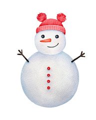 Small joyful snowman wearing cute beanie hat with double pom poms, decorated with red nose and bright buttons. Hand drawn water color graphic painting on white background, cutout clipart element.