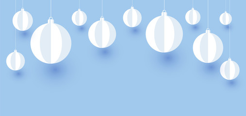 Blue Christmas banner with white paper Christmas balls.