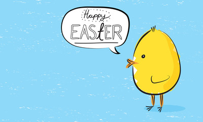 Yellow chick saying 'Happy Easter' in a speech bubble