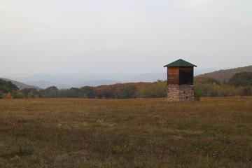 Fototapeta na wymiar High seat in field near Bátovce village, Levice region, Slovakia