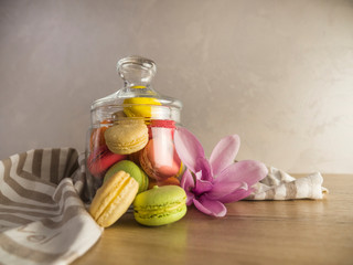 French assorted macarons with pink flower on light gray concrete background. Holidays food concept with copy space. Colorful macaron cookies. Colorful macarons, French delicate dessert.