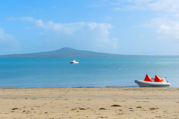 Landscape Scenery of Kohimarama Beach Auckland New Zealand; View to Rangitoto Island Across Auckland Harbour