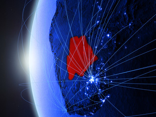 Botswana from space on blue digital model of Earth with international network. Concept of blue digital communication or travel.
