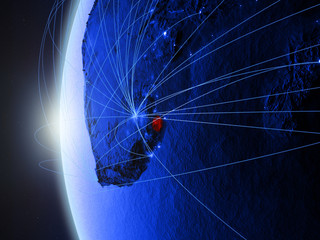 eSwatini from space on blue digital model of Earth with international network. Concept of blue digital communication or travel.