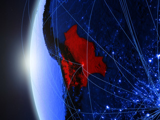 Bolivia from space on blue digital model of Earth with international network. Concept of blue digital communication or travel.
