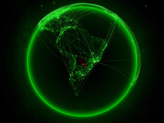 Paraguay from space on planet Earth with green network representing international communication, technology and travel.