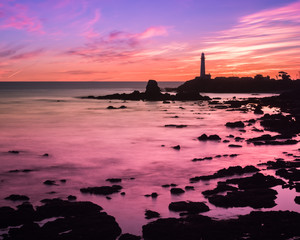 Sunset landscape at Pigeon Point Lighthouse on the Pacific Ocean coastline, Pescadero, California; long exposure
