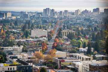 Aerial view of north Oakland on a sunny autumn evening; downtown Oakland in the background;...