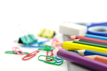 School stationery isolated over white with copyspace