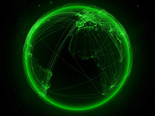 Liberia from space on planet Earth with green network representing international communication, technology and travel.