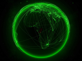 Congo from space on planet Earth with green network representing international communication, technology and travel.