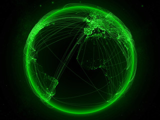 Gambia from space on planet Earth with green network representing international communication, technology and travel.