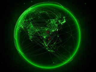 Vietnam from space on planet Earth with green network representing international communication, technology and travel.