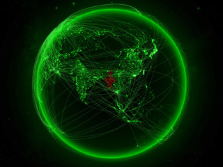 Myanmar from space on planet Earth with green network representing international communication, technology and travel.