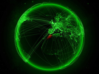 Morocco from space on planet Earth with green network representing international communication, technology and travel.