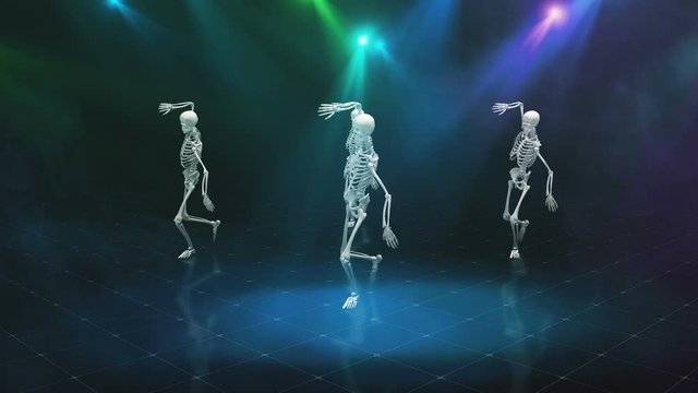 Three Dancing Skeleton in Smoke on a bright blinking scene, seamless loop animation