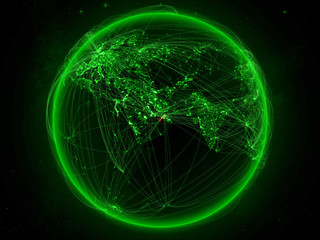 Obraz premium United Arab Emirates from space on planet Earth with green network representing international communication, technology and travel.