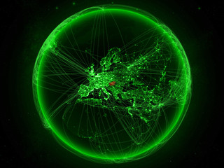 Hungary from space on planet Earth with green network representing international communication, technology and travel.