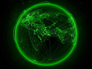 Qatar from space on planet Earth with green network representing international communication, technology and travel.