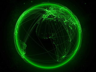 Togo from space on planet Earth with green network representing international communication, technology and travel.