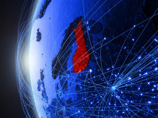 Finland from space on blue digital model of Earth with international network. Concept of blue digital communication or travel.