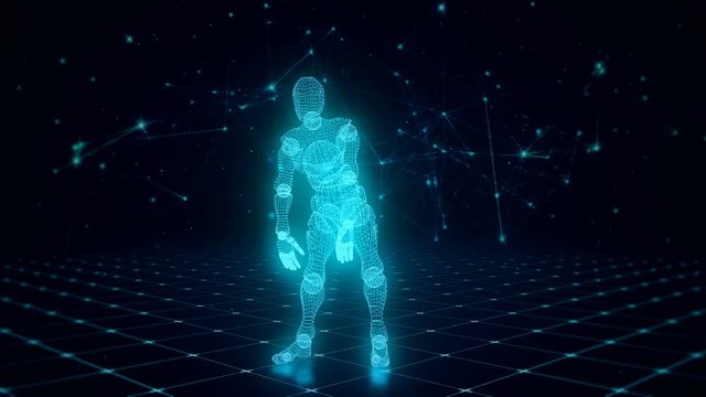 Dancing blue 3D character luminous artificial intelligence from polygons on the floor of the grid on the technological background of global connections, seamless loop animation