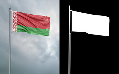 3d illustration of the state flag of the Republic of Belarus moving in the wind at the flagpole in front of a cloudy sky with its alpha channel