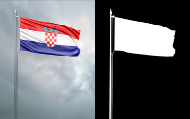 3d illustration of the state flag of the Republic of Croatia moving in the wind at the flagpole in front of a cloudy sky with its alpha channel