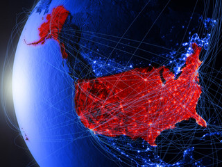 USA from space on blue digital model of Earth with international network. Concept of blue digital communication or travel.
