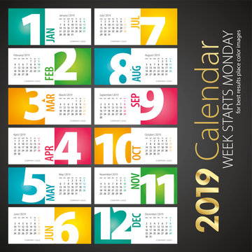 2019 New Desk Calendar monthly negative space numbers color landscape background