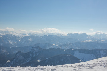 Fototapeta premium Panoramic view on Austrian Alps on the sunny winter day