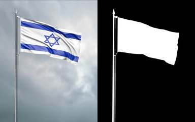 3d illustration of the state flag of the state of Israel moving in the wind at the flagpole in front of a cloudy sky with its alpha channel